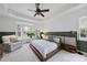 Comfortable main bedroom with bay window, tray ceiling and green accent wall at 9100 Dansforeshire Way, Wake Forest, NC 27587