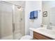 Clean bathroom with a glass-enclosed shower, vanity with sink, and coordinated towels for a fresh look at 1201 Bellenden Dr, Durham, NC 27713