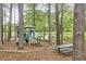 Community playground with slide and picnic table surrounded by trees near the pond at 1201 Bellenden Dr, Durham, NC 27713