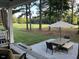 Outdoor patio with fire pit, dining table and view of lush green lawn at 1545 Heritage Links Dr, Wake Forest, NC 27587