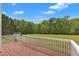View of backyard from the wooden deck with white railings at 2804 Brenfield Dr, Raleigh, NC 27606