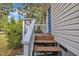 Home's entry area with railing and blue front door adds charm to the property at 308 Plaza Dr, Garner, NC 27529