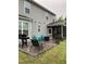 Outdoor stone patio area with a grill, fire pit, Adirondack chairs, and partial view of the backyard at 3530 Winding Walk Ct, Raleigh, NC 27616
