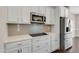 Kitchen countertop view, showcasing stainless steel appliances, white cabinets, and subway tile backsplash at 46 Twelve Oaks Dr, Willow Springs, NC 27592