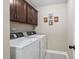 Functional laundry room with modern washer and dryer units and upper cabinets at 521 Wildwood Farm Way, Holly Springs, NC 27540