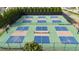 Aerial view of six well-maintained pickleball courts surrounded by green space and fencing at 572 W Walker Woods Ln, Clayton, NC 27527
