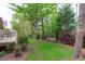 Lush backyard with mature trees, manicured lawn, and a view of the deck at 629 Peach Orchard Pl, Cary, NC 27519