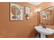 Charming powder room with warm brown walls, unique botanical art, and a pedestal sink at 1020 Randolph Ct, Cary, NC 27511