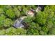 Aerial view showing a well-maintained home, garage and pool surrounded by lush greenery at 10805 The Olde Pl, Raleigh, NC 27614