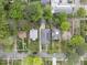 Bird's eye view of a residential neighborhood with tree coverage and solar panels on the center home at 1306 Mordecai Dr, Raleigh, NC 27604