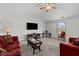 Cozy living room with plush red sofas, a ceiling fan, a large window and vaulted ceilings at 2040 Alderman Way, Creedmoor, NC 27522