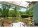 Relaxing back deck with seating area overlooking the lush, green backyard and storage shed at 209 Pen Lou Ct, Angier, NC 27501