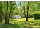 Backyard view showcasing a storage building nestled among mature trees on a well-maintained lawn at 209 Pen Lou Ct, Angier, NC 27501