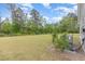 Spacious backyard with lush green lawn, mature trees, and a home's external AC Unit at 2434 Heron Watch Pl, Fuquay Varina, NC 27526