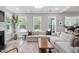 Bright living room with coffered ceilings, fireplace, and large windows overlooking backyard at 261 Emory Bluffs Dr, Holly Springs, NC 27540