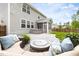 Large backyard with a hot tub, fire pit, lounge seating, and lush landscaping at 609 Conover Rd, Durham, NC 27703