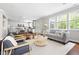 Open living space featuring hardwood floors, modern furniture, and a connected kitchen at 609 Conover Rd, Durham, NC 27703
