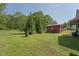 Large backyard featuring a well-maintained lawn, storage shed, mature trees, and privacy fence at 729 S Carolina Ave, Henderson, NC 27536