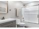 Nicely remodeled bathroom with a shower/tub combo and updated vanity at 831 Healey Ln, Durham, NC 27705