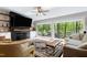Bright living room with fireplace, large windows overlooking the yard, and a comfortable seating area at 831 Healey Ln, Durham, NC 27705