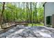 Spacious stone patio featuring built-in benches and a modern fire pit with serene wooded backdrop at 831 Healey Ln, Durham, NC 27705