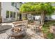 Inviting backyard featuring a stone patio, pergola, and a cozy fire pit area at 8805 Mourning Dove Rd, Raleigh, NC 27615