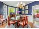 Sophisticated dining room with dark blue walls, chandelier, and bay window at 8805 Mourning Dove Rd, Raleigh, NC 27615