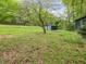 Open backyard showing storage shed, mature trees, and lush greenery surrounding the home at 1204 Hydrangea Ct, Hillsborough, NC 27278