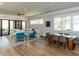 Open living room with hardwood floors, dining area and sliding glass doors to patio at 3416 Edgemont Dr, Raleigh, NC 27612