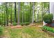 Lush backyard featuring mature trees, grass, landscape beds, and private, wooded setting at 102 Windrock Lane, Cary, NC 27518