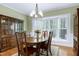 Lovely dining room boasting a wooden table set, decorative cabinet, and natural light from the window at 102 Windrock Lane, Cary, NC 27518