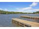 Lake view of dock and water with trees in background on a sunny day at 102 Windrock Lane, Cary, NC 27518