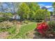 Backyard featuring mature trees, landscaped gardens, and green lawn at 103 Temple Gate Dr, Cary, NC 27518
