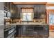 Kitchen with dark cabinetry, stainless steel appliances, and a view from the sink to the outdoors at 117 Vicksburg Dr, Cary, NC 27513