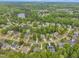 Aerial view of a residential neighborhood featuring well-maintained homes, lush greenery, and a tranquil lake at 124 Mantle Dr, Clayton, NC 27527