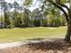 Picturesque golf course view with a manicured green fairway, a sand trap, and surrounding trees under a clear sky at 222 Kelso Ct, Cary, NC 27511