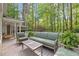 Relaxing covered outdoor deck with comfortable furniture overlooking a lush backyard at 2805 Chelsea Cir, Durham, NC 27707