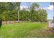 A spacious backyard offers a well-manicured lawn and a black metal fence to provide safety at 33 Highpointe Dr, Pittsboro, NC 27312