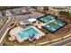 An aerial view of the community pool and pickleball courts at 33 Highpointe Dr, Pittsboro, NC 27312
