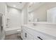Modern bathroom features subway tiles in the shower, a vanity with a marble countertop, and modern fixtures at 3545 Donlin Dr, Wake Forest, NC 27587