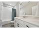 Bright bathroom features subway tiles in shower, vanity with marble countertop, and modern fixtures at 3545 Donlin Dr, Wake Forest, NC 27587