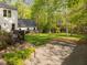 Large backyard featuring mature trees, green grass, and deck with access to the home at 3612 Darwin Rd, Durham, NC 27707