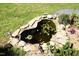 Overhead view of rock-lined pond with water plants and colorful koi fish at 38 Maple Cir, Pittsboro, NC 27312