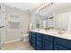 Bathroom with double sink vanity featuring blue cabinets and modern fixtures at 3811 Yates Mill Trail, Raleigh, NC 27606