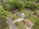 Aerial view of a property featuring multiple sheds and surrounded by mature trees in a neighborhood at 3913 Vesta Dr, Raleigh, NC 27603