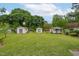 Aerial backyard shot with lush green lawn, mature trees, and three storage sheds at 3913 Vesta Dr, Raleigh, NC 27603