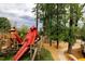 Unique outdoor playground with whimsical wooden structures, nestled among mature trees and natural landscaping at 408 Madison Ave, Cary, NC 27513