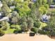 Aerial view showcases waterfront homes with private docks, nestled among lush greenery and serene water features at 510 Guy Walker Way, Durham, NC 27703