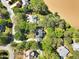 Aerial view of lush community with mature trees and winding roads leading to beautiful homes on waterfront property at 510 Guy Walker Way, Durham, NC 27703
