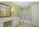 Bathroom features green striped wallpaper, an extended vanity, and a glass shower at 605 Glen Eden Dr, Raleigh, NC 27612